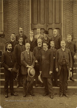 Front Row: Unidentified; Dr. E. M. Turner; Dr. P. B. Reynolds; Unidentified. Second Row: Unidentified; Dr. Douthat; Dr. St. George Tucker Brooke; Prof. J. S. Stewart. Third Row: Dr. Hartigan; Prof Willey; Dr. I. C. White; Unidentified. Fourth Row: Prof. Whitehill; Unidentified.