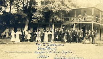 At the Stanard House, left to right (inside the drawn circle): Rev. E. J. Woofter, Eva Dye and Mrs. W. T. W. Dye (Sophie)