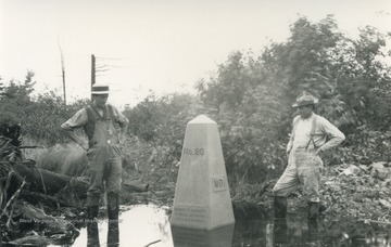Placed by surveying team, appointed by the U.S. Supreme Court to permanently mark the Deakins Line as the official north-south border of West Virginia and Maryland.