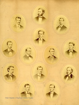 Inscription on the back of the photograph, "Class of 1873, Thirteen was their lucky number". The graduating class included: Daniel Boardman Purinton; Charles Montgomery Babb; James Talman Waters; John Thomas Harris; Thomas H. Price; Edmund Tanner Bullock; James F. Brown; M. L. Temple; Daniel Webster Border; Taylor Bascom McClure; W. L. Boughner; George P. Lynch; and William T. Pritchard. 