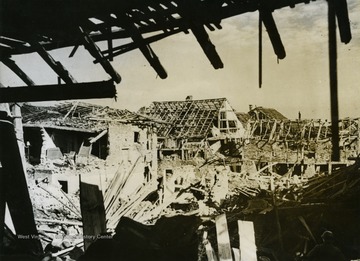 Part of the information included on back: "German town near Duren on the Roer River, important junction point of the road leading to Cologne and the Rhine lies shell-wrecked and bombed to ruins February 21, 1945 as U.S. troops advanced deeper into Germany."(U.S. Signal Corps).