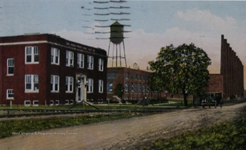 Colored postcard of the glass factory.