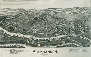 Photograph of a map of Buckhannon in Upshur County includes roads, rivers and structures