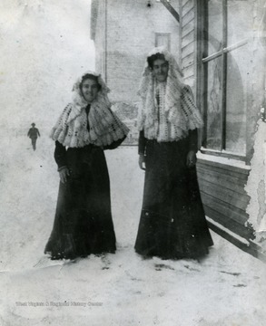 Note included with photo reads: "Melissa Long (on the left) later married John F. Rohr and she was teaching school at Bayard at the time. Mrs. John Landacre (on the right) whose husband was the superintendent of  the Saw Mill for the Cherry River Boom and Lumber Company at Richwood, W. Va. At the beginning they lived on Walnut Street. His brother owned the shoe repair on Oakford Avenue across from the railroad station."