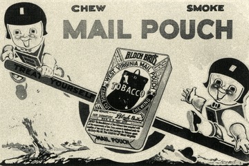 Caption on postcard reads: "An advertisement from the early 1920's. Mail Pouch's advertising is so very American."