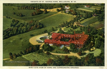 The Knights of St. George Home was a mansion completed in 1904 that sits atop Mount St. George. It was originally the home and working farm of James B. Vandergrift, a Pittsburgh steel heir. The estate cost a million dollars to build and included an indoor pool, ball rooms, horse racing tracks, a pit for cockfights, 500 acres for hunting, tennis courts, bowling alleys, and many other things to entertain his guests during his many extravagant parties he held there. Out of nowhere Vandergrift left the estate just years after it's completion, leaving it vacant until 1922 when the Knights of St. George acquired it and turned it into a home for aging clergy and friends. Published by The Hermitage Art Company. (From postcard collection legacy system.)