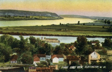 From this view you can see parts of Ohio, West Virginia, and Kentucky. Published by Wild &amp; Boette. Boat can be seen going down the Big Sandy River which is a tributary of the Ohio River and also marks the boundary between West Virginia and Kentucky. (From postcard collection legacy system.)