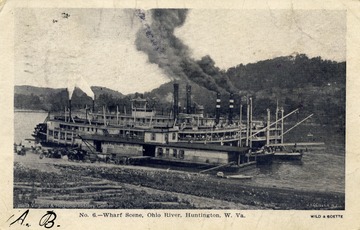 Boat at wharf carrying passengers down the Ohio River. Published by Wild &amp; Boette. (From postcard collection legacy system.)