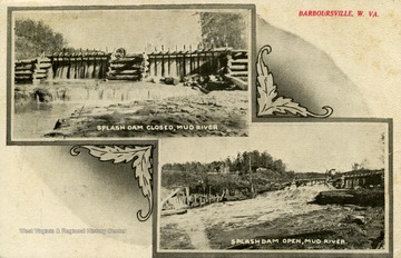 View of the Splash Dam on the Mud River in Barboursville, West Virginia closed (top) and open (bottom). See original for correspondence. Published by Tom Jones. (From postcard collection legacy system.)