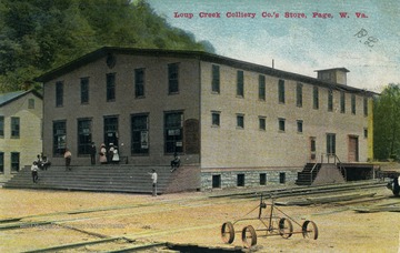 The Loup Creek Colliery Co. was a coal mining business that mined the Number 2 Gas and the Eagle seams within the Kanawha field. The Loup Creek Colliery Store was opened in 1907 to serve the needs to miners and their families in the town. The only competing business in the town was one local merchant who folded over after six months of the store's opening. Published by Loup Creek Colliery Co. (From postcard collection legacy system.)