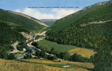 Hand painted scene looking northeast toward Smoke Hole Caverns, overlooking Route 4. (From postcard collection legacy system.)