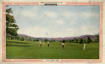 Several people playing golf on the first tee box. See original for correspondence. Published by American Colortype Company. (From postcard collection legacy system.)