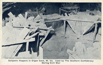 Used by The Southern Confederacy during the Civil War. The cave provided a source of nitre, a component of gunpowder and so was mined by Confederate soldiers under the command of Robert E. Lee. Published by Auburn Greeting Card Company. (From postcard collection legacy system.)