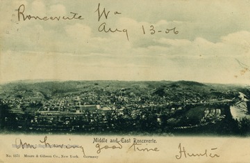 Aerial view of middle and eastern Ronceverte. See original for correspondence. Published by Moore &amp; Gibson Co. (From postcard collection legacy system.)