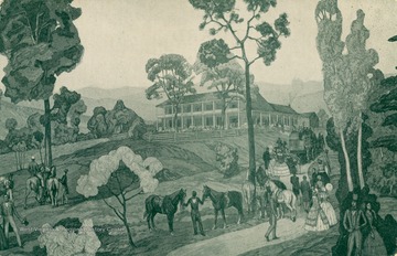 Illustrated depiction of men and women walking along the resort grounds while servants tend to horses. (From postcard collection legacy system.)