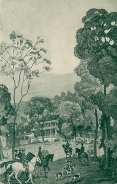 Illustrated depiction of men and women riding horses across the resort grounds. (From postcard collection legacy system.)