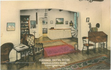 Interior view of the General Lewis Hotel. Published by The Albertype Company. (From postcard collection legacy system.)
