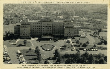 This hospital was dedicated in 1950 for war veterans from 33 counties in Central West Virginia, Ohio, Maryland, and Pennsylvania. Published by Artvue Post Card Company. (From postcard collection legacy system.)