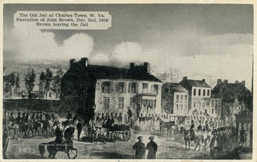 Ilustration of the scene at the jail immediately before the "Execution of John Brown, December 2, 1859." Brown is the figure walking down the steps. Published by Scott and White. (From postcard collection legacy system.)