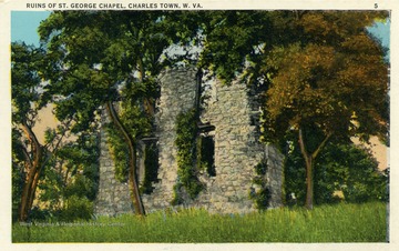 Caption on back of postcard reads: "St. George's Chapel was the first church erected West of the Blue Ridge Mountains. No record has ever been found of the exact date of its erection, owing to the fact that it was part of Norborne Parish, England. The original furnishings were brought from England. The roof of sheet lead was used for bullets during the Civil War." Published by Nichols Drug Store. (From postcard collection legacy system.)