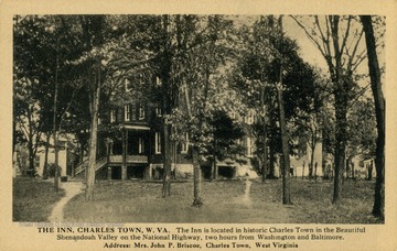 Caption on postcard reads: "The Inn is located in historic Charles Town in the beautiful Shenandoah Valley on the National Highway, two hours from Washington and Baltimore." Published by I &amp; M Ottenheimer. (From postcard collection legacy system.)