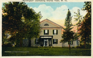 Caption on back of postcard reads: "Mordington, old home of Chas. Washington, brother of George Washington. During his life, home was known as "Happy Retreat." Erected prior to 1799. 1833 altered to follow the plan of Mordington Ancestral home of the Danglers family in Scotland." Published by Williamsport Paper Company. (From postcard collection legacy system.)