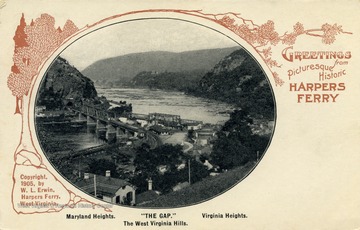 View from the Camp Hill area in Harpers Ferry includes the confluence of the Potomac and Shenandoah Rivers, Maryland Heights and "Virginia Heights" (Loudoun Heights). (From postcard collection legacy system.) 