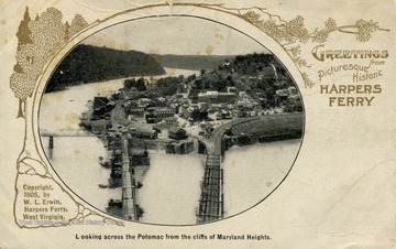 At the confluence of the Potomac and Shenandoah Rivers where three bridges connect West Virginia, Virginia and Maryland. From postcard collection legacy system.)