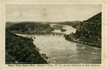 Maryland, Virginia, and West Virginia all meet at Harpers Ferry, West Virginia. (From postcard collection legacy system.)