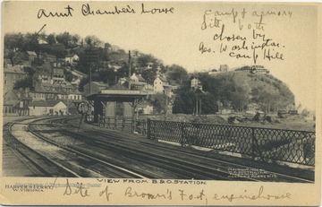 Several landmarks and structures, such as camp hill, the Armory and John Brown's Fort are labeled. See original for correspondence. (From postcard collection legacy system.)