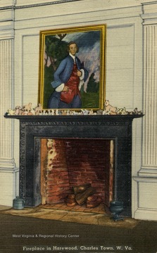 Interior view. Caption on back of postcard reads: "Drawing Room at Harewood where President James Madison and Dolly Payne Todd were married in 1794. Portrait of Colonel Samuel Washington over the mantlepiece where he was twenty-one years old. He was a widower at the time." Published by Nichols &amp; Stuck, Pharmacists. (From postcard collection legacy system.)