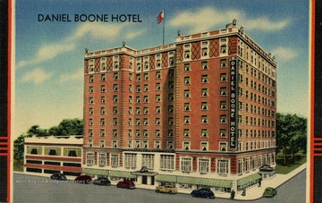 Caption on back of postcard reads: "In beautiful West Virginia, "The Switzerland of America," the attractive ten-story fireproof Daniel Boone Hotel was erected by the Citizenry of Charleston, W. Va., at a cost of over a million and a quarter dollars, in memory of Daniel Boone, famous Pioneer and Scout of nearly two hundred years ago; located but a short distance from the State Capitol; Completely air conditioned, radio in every room; every room an outside room with private bath; rates moderate, a uniform high standard of quality and service. You will like the homelike atmosphere of the Daniel Boone." Published by Mid-West Map Company. (From postcard collection legacy system.)