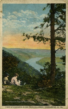 Two young boys and their dog watch the sunset from Hillcrest. See original for correspondence. Published by The S. Spencer Moore Company. (From postcard collection legacy system.)