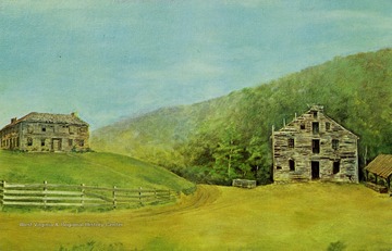Caption on back of postcard reads: "Boyhood home of Stonewall Jackson 1837 - Weston, W. Va. - Now state 4-H Camp. Copy of the original painting bu Aubrey Crawford." Published by Robert P. Davis. (From postcard collection legacy system.)