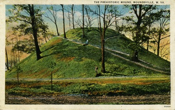 Caption on back of postcard reads; "This mammoth mound is the largest prehistoric monument in America. It is 79 feet high, 900 feet in circumference at base. Discovered 1772, Opened in 1838 by a tunnel along the natural surface to the center and a shaft from the apex to tunnel. Two vaults constructed of timber were revealed in which were found three human skeletons and numerous ornaments of copper, iron, mica, and bone. Also a curiously carved stone the characters on which have never been deciphered. Located at Moundsville and is now owned by the State of West Virginia." See original for correspondence. Published by I. Robbins and Son. (From postcard collection legacy system.)