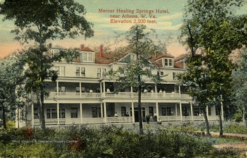 Elevation 2,500 feet. Caption on back of postcard reads: "A new hotel at Mercer Healing Springs, 2.5 miles from the town of Athens and 4 miles from the city of Princeton, on Virginia Railroad." See original for correspondence. (From postcard collection legacy system.)