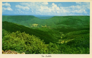 Caption on back of postcard reads: "Behind this beautiful gap, Nancy Hanks, mother of Abraham Lincoln, was born. From this point on U.S. Route 50, a magnificent panoramic view can be seen." Published by Russell Feight. (From postcard collection legacy system.)