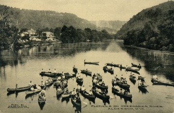 Canoe group travels down the Greenbrier River. Published by J.W. McCling. (From postcard collection legacy system.)
