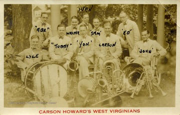 Caption on back of postcard reads: "A national attraction. Carson Howard's West Virginians. Direct from a solid run of 14 weeks at Cafe Club Madrid, Philadelphia, Pa. Now Booking winter season." (From postcard collection legacy system.)
