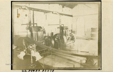 Interior view of machinery at the U.U. Power House. (From postcard collection legacy system.)