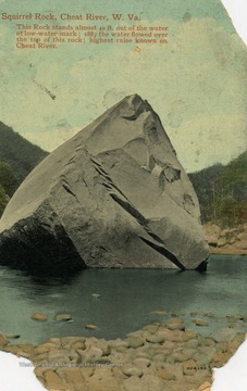 This rock stands almost 40 ft. out of the water at low-water-mark. 1887, the water flowed over the top of this rock; highest raise known on Cheat River. (From postcard collection legacy system.)