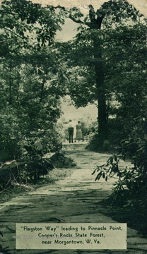 A couple stands at the opening of Flagston Way overlooking the Cheat River Gorge. Published by Photo Crafters. (From postcard collection legacy system.)