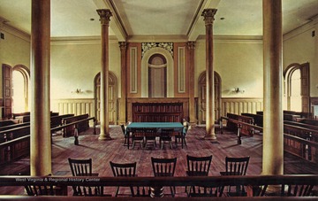 Caption on back of postcard reads: "The court room at West Virginia Independence Hall in Wheeling, West Virginia has been restored to its 1861-1863 appearance - the era when it was the site of the state's founding." Published by Steve Payne. (From postcard collection legacy system.)