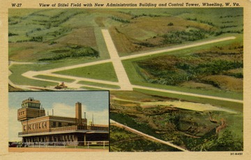 Airplane runways and control tower in Wheeling, W. Va. Published by Phillips News Company. (From postcard collection legacy system.)