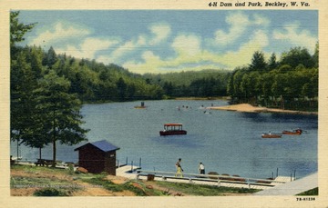 Several canoers enjoy the day on the water while people swim off of the small beach in the distance. Published by Beckley News Company. (From postcard collection legacy system.)