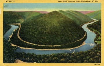 Caption on back of postcard reads: "New River Canyon near Grandview showing a breath taking view and wonderful panorama of the rushing streams and wooded hills. On Routes U.S. 19,21 and W. Va. 3." Published by Genuine Curteich. (From postcard collection legacy system.)
