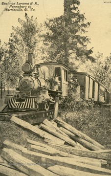 The Pennsboro and Harrisville Railroad, later years called the Lorama Railroad, served Ritchie County from 1875 to 1925. Published by Berdines Variety Store. (From postcard collection legacy system.)