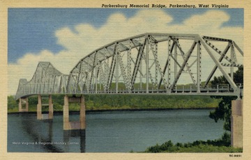 Caption on back of postcard reads: "This modern bridge, completed during January 1955 connecting Ohio and West Virginia, affords traveling without congestion for traffic of U.S. Route 50. A very small toll charge is used to defray costs." Published by Genuine Curteich. (From postcard collection legacy system--subject.)