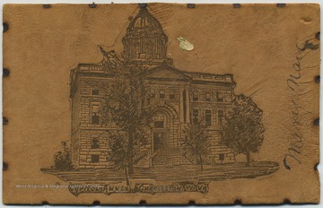 Postcard made from leather and engraved with an image of the Capitol Annex which held the State Archives.(From postcard collection legacy system--subject.)