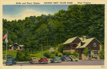 Caption on back of postcard reads: "Overlooking scenic view at new River Gorge on U.S. 60, 47 miles east of Charleston, W. Va., on the road to White Sulphur Springs." Published by The A.W. Smith News Agency. (From postcard collection legacy system--subject.)
